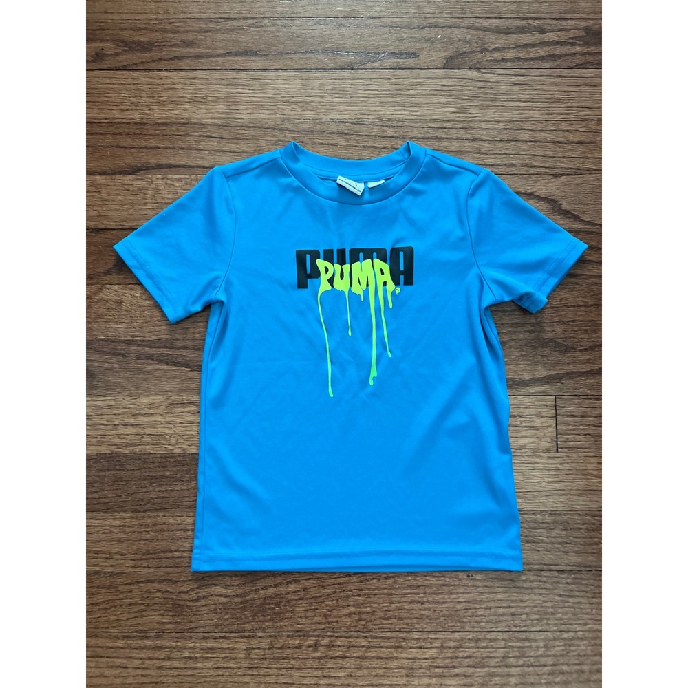 Puma Graphic Tee Kids Size 4 Blue Slime Drip‎ Logo Active Shirt